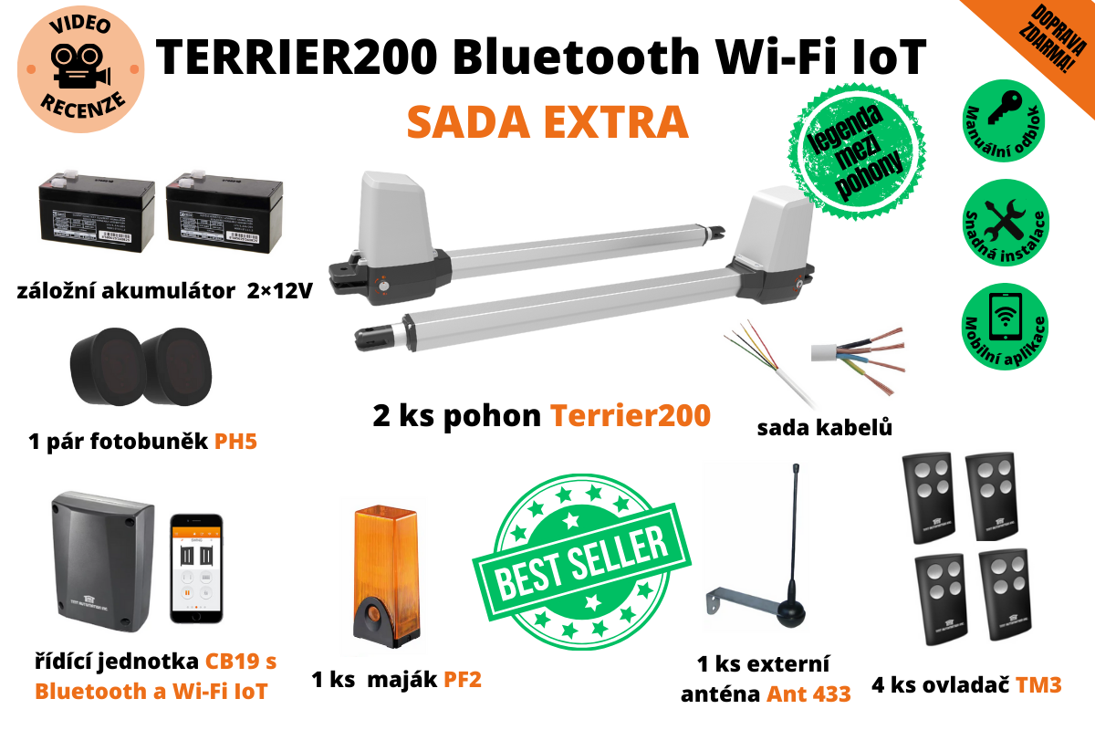 Terrier200 sada EXTRA - Bluetooth Wi-Fi IoT pohon dvoukřídlé brány do 5 m průjezdu