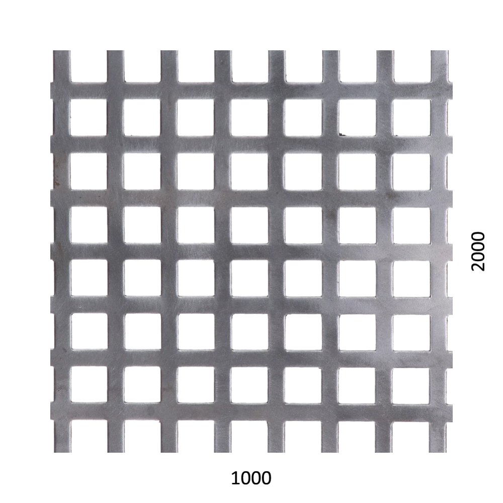 děrovaný plech čtvercový řadový Zn, otvor: 10x10 mm, rozteč: 15 mm, (2000x1000x1,5 mm)