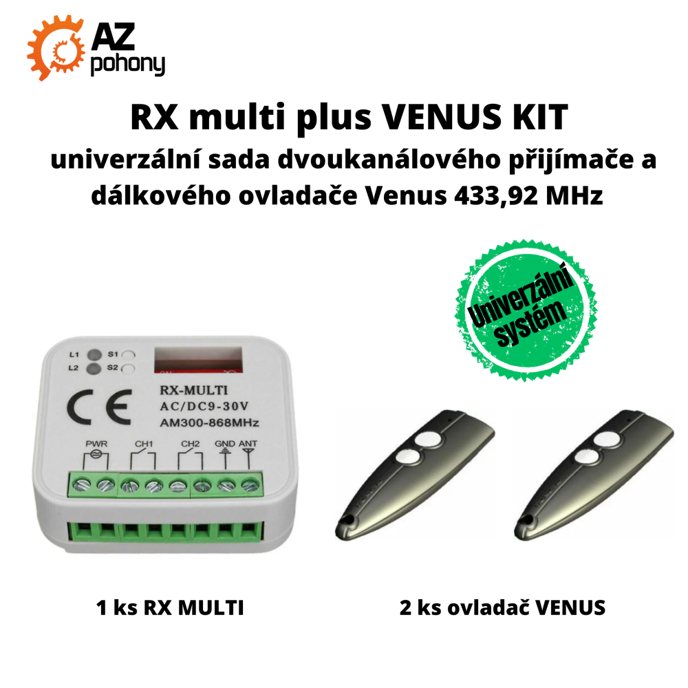 RX multi plus VENUS KIT - univerzální sada dvoukanálového přijímače a dálkového ovladače Venus 433,92 MHz