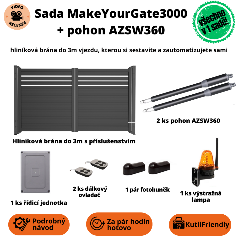 Sada Make Your Gate 3000 + pohon AZSW360 – hliníková brána do 3m vjezdu, kterou si sestavíte a zautomatizujete sami