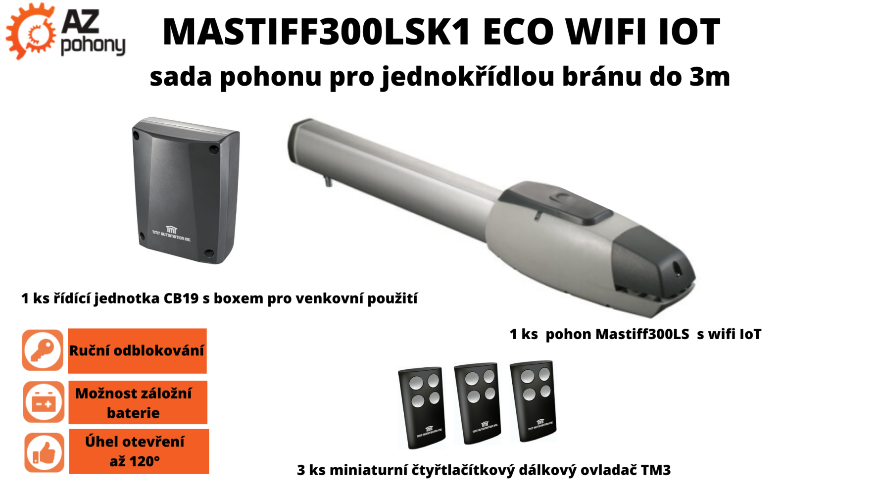 Mastiff300LLSK1 ECO WIFI IOT - sada pohonu pro jednokřídlou bránu do 3 m