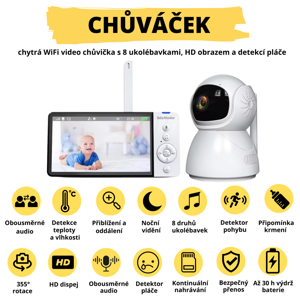 Chůváček – chytrá WiFi video chůvička s 8 ukolébavkami, HD obrazem a detekcí pláče