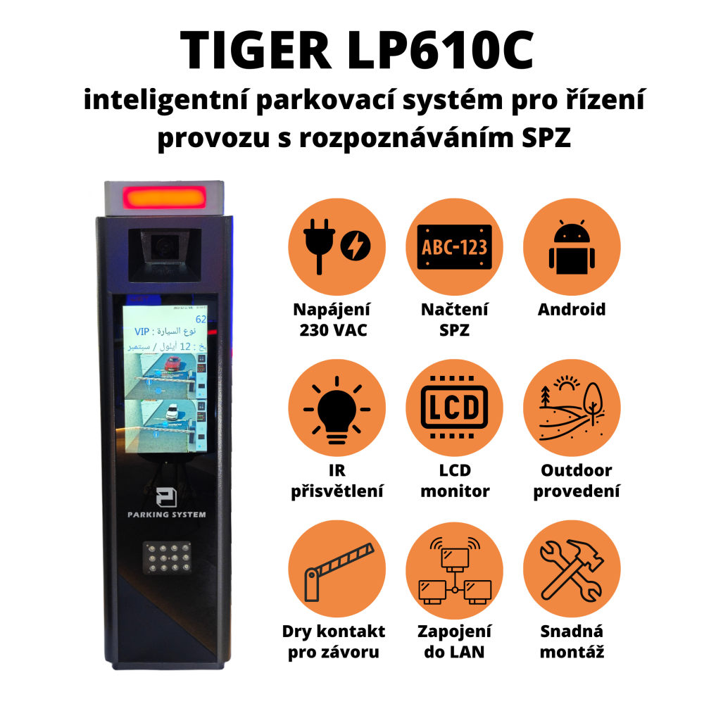 Tiger LP610C – inteligentní systém k závoře s informačním LCD displejem pro evidenci nebo řízení provozu včetně rozpoznání SPZ