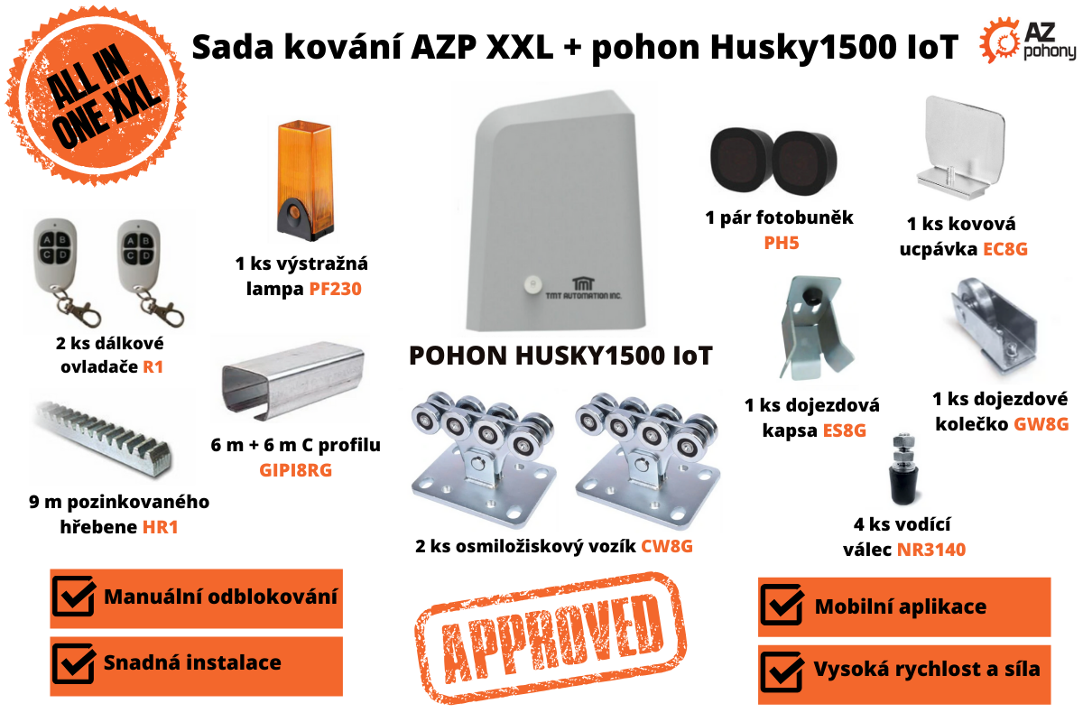 ALL IN ONE sada XXL - KOVÁNÍ AZP XXL + Pohon Husky1500 IoT do hmotnosti brány 800 kg a až do 13 m průjezdu, černý c profil