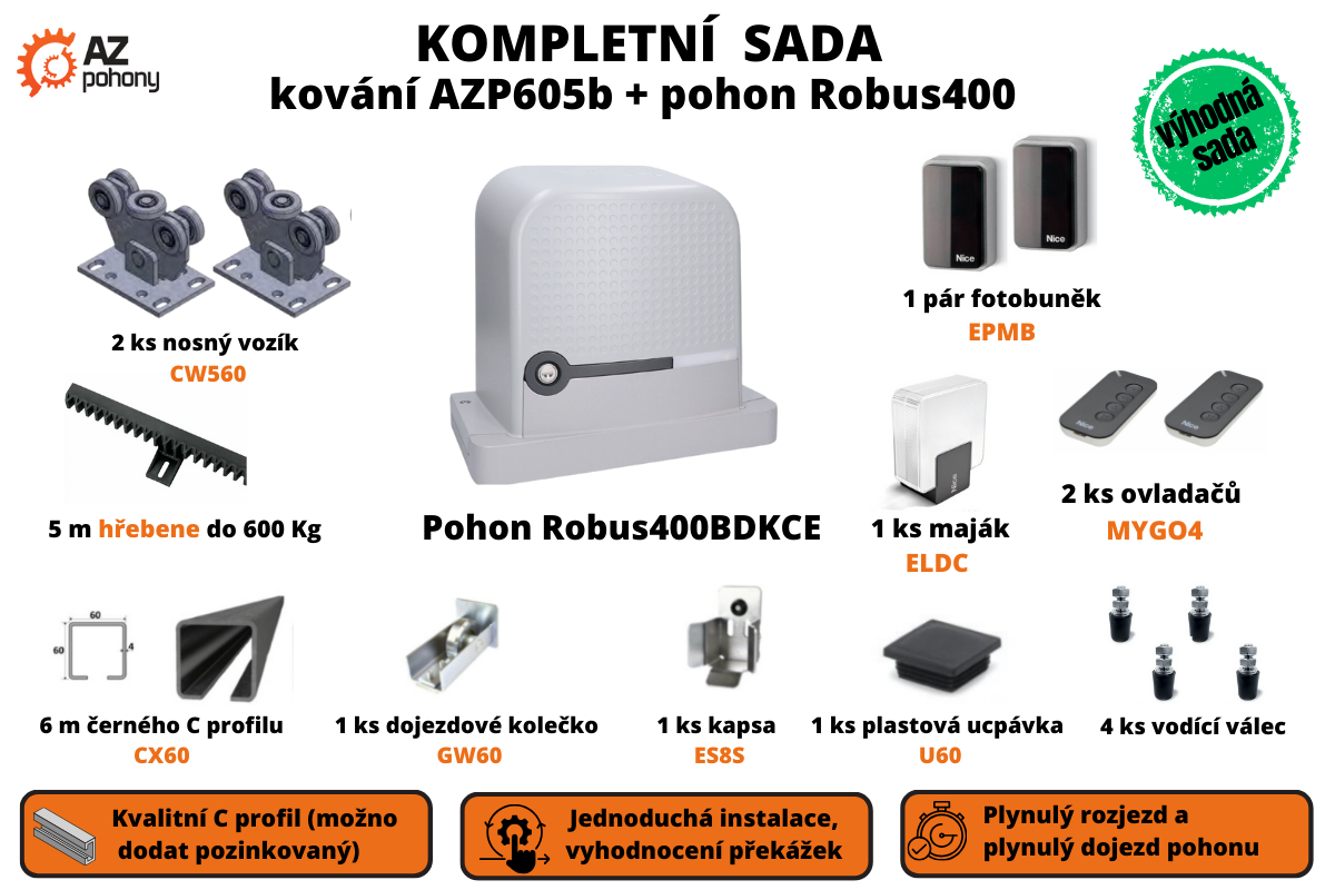 Sada kování AZP605b + pohon ROBUS400BDKCE do 4 m průjezdu