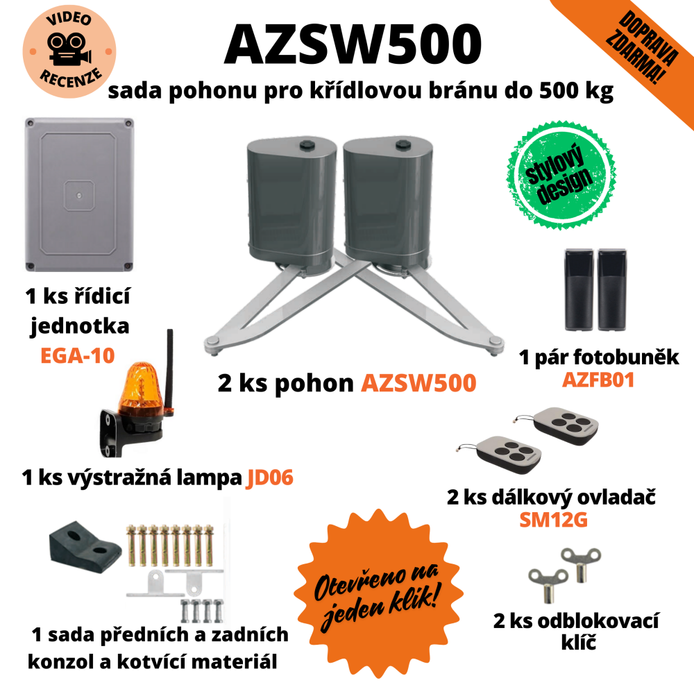 AZSW500 - vestavěné koncové spínače a Wi-Fi, sada pohonu pro křídlovou bránu do 500 kg