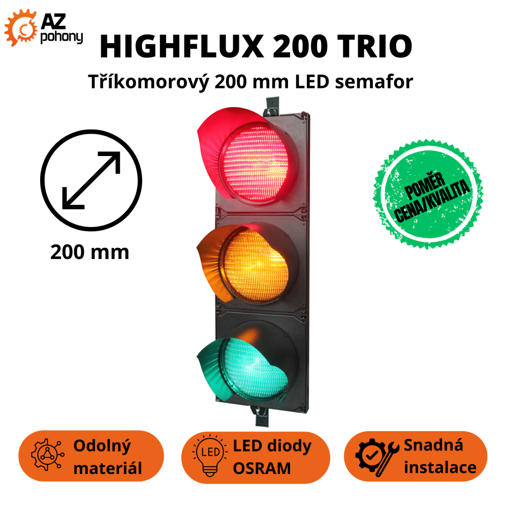 HighFlux 200 Trio – Tříkomorový LED semafor 200 mm (červená + oranžová + zelená)