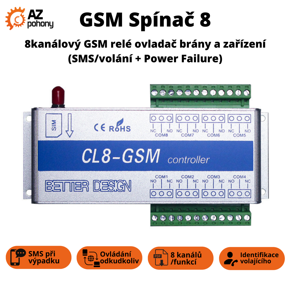 GSM Spínač 8 - 8kanálový GSM relé ovladač brány a zařízení (SMS/volání + Power Failure)