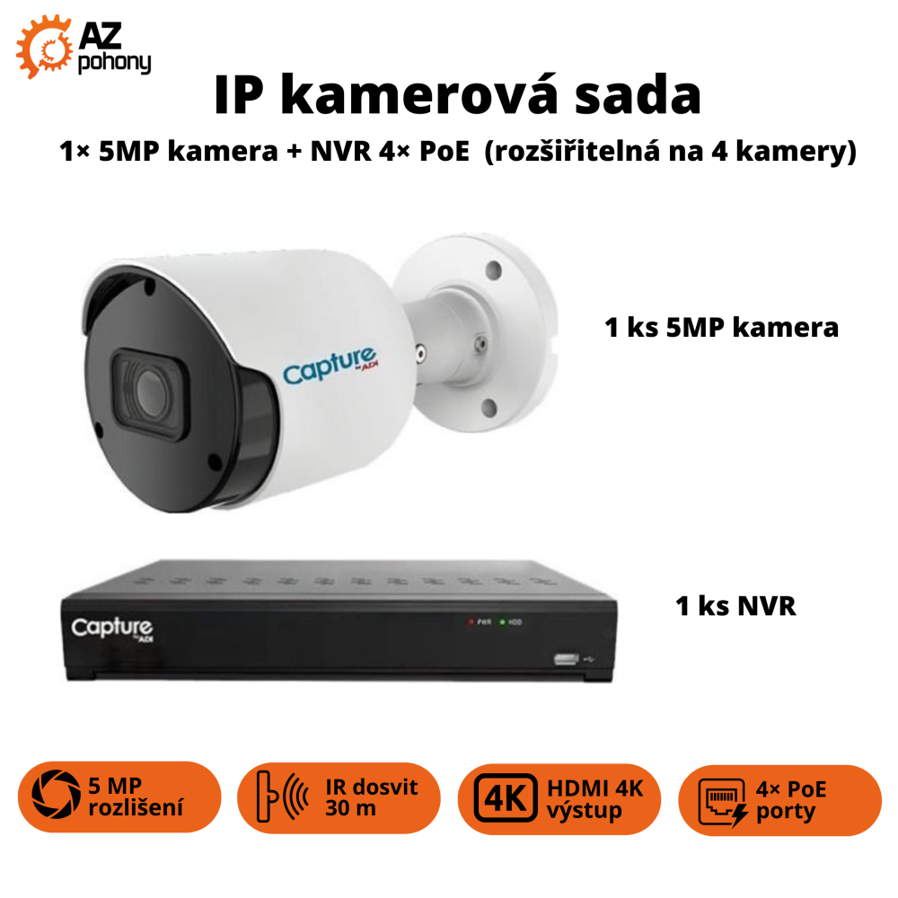IP kamerová sada – 1× 5MP kamera + NVR 4× PoE  (rozšiřitelná na 4 kamery)