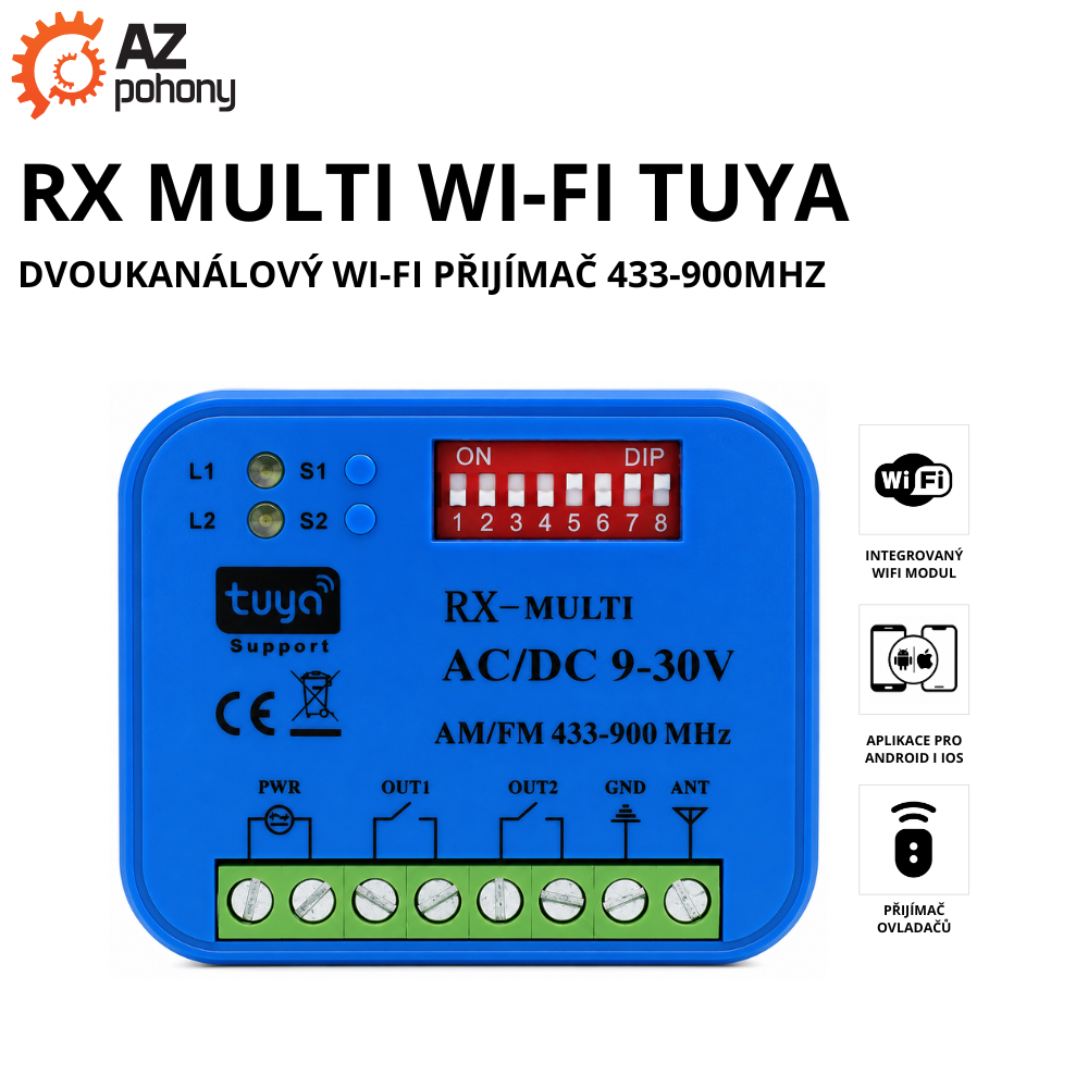RX MULTI WI-FI TUYA - DVOUKANÁLOVÝ WI-FI PŘIJÍMAČ 433-900MHZ