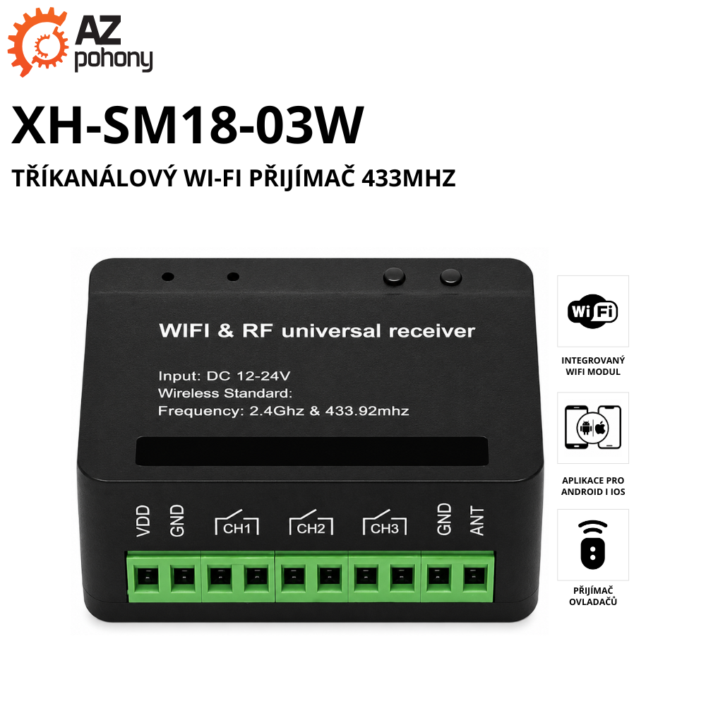 XH-SM18-03W - tříKANÁLOVÝ WI-FI PŘIJÍMAČ 433MHZ