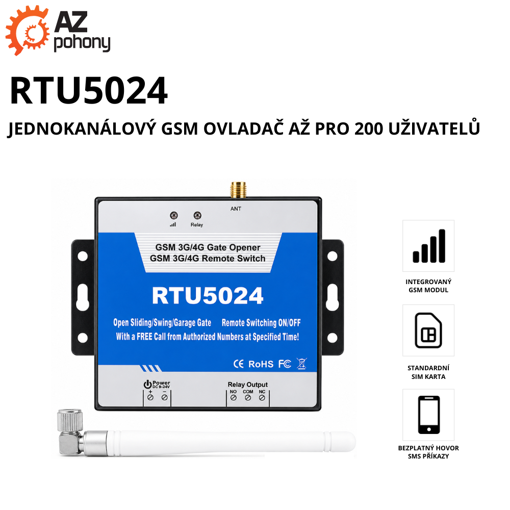 RTU5024 - jednokanálový GSM ovladač až pro 200 uživatelů