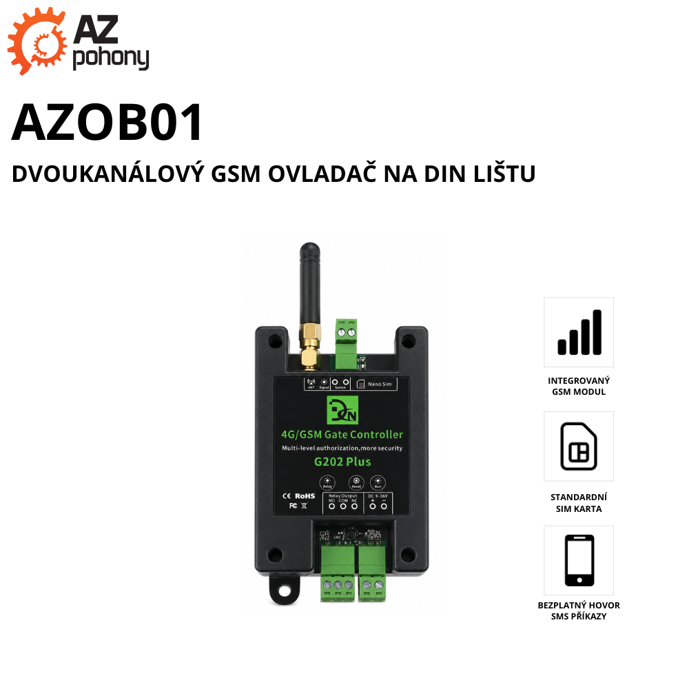 AZOB01 - dvoukanálový GSM ovladač na DIN lištu