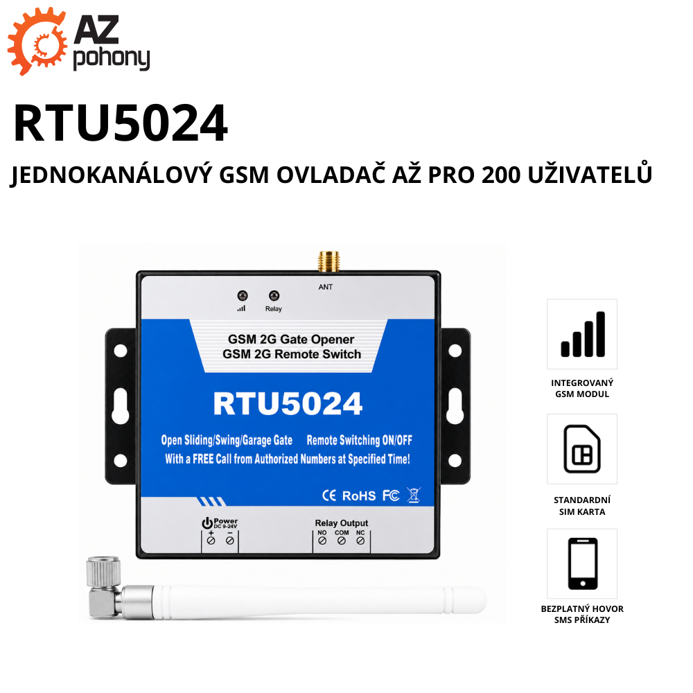 RTU5024 - jednokanálový GSM ovladač až pro 200 uživatelů