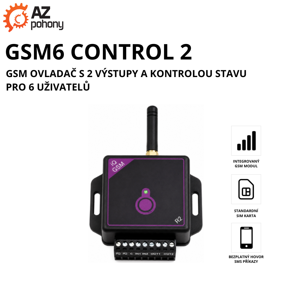 GSM6 CONTROL 2 - GSM ovladač s 2 výstupy a kontrolou stavu pro 6 uživatelů
