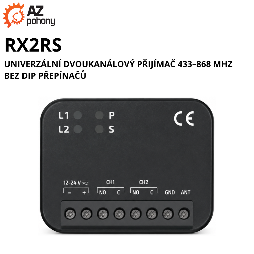 RX2RS - Univerzální dvoukanálový přijímač 433–868 MHz bez DIP přepínačů