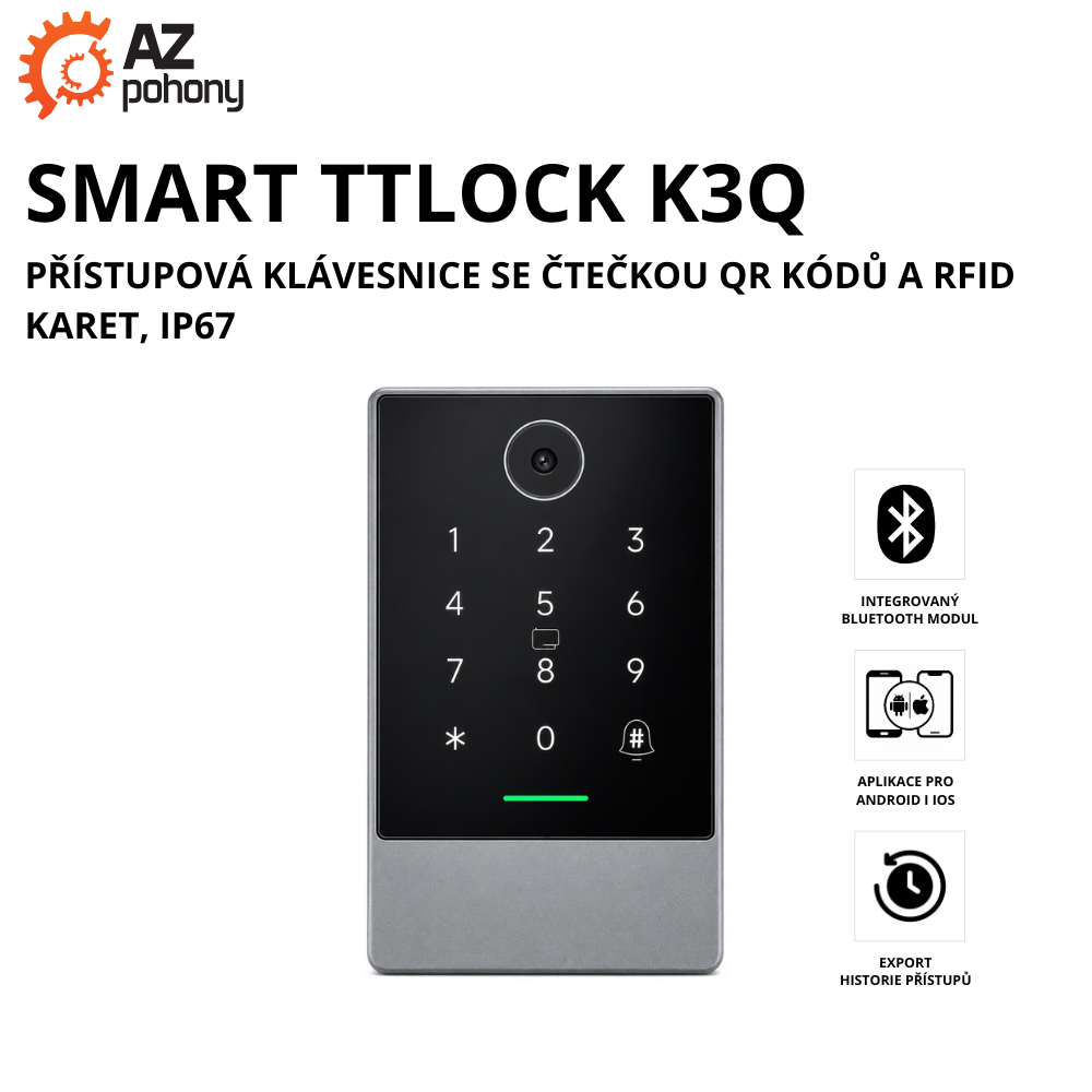 SMART TTLOCK K3Q - přístupová klávesnice se čtečkou QR kódů a RFID karet, IP67