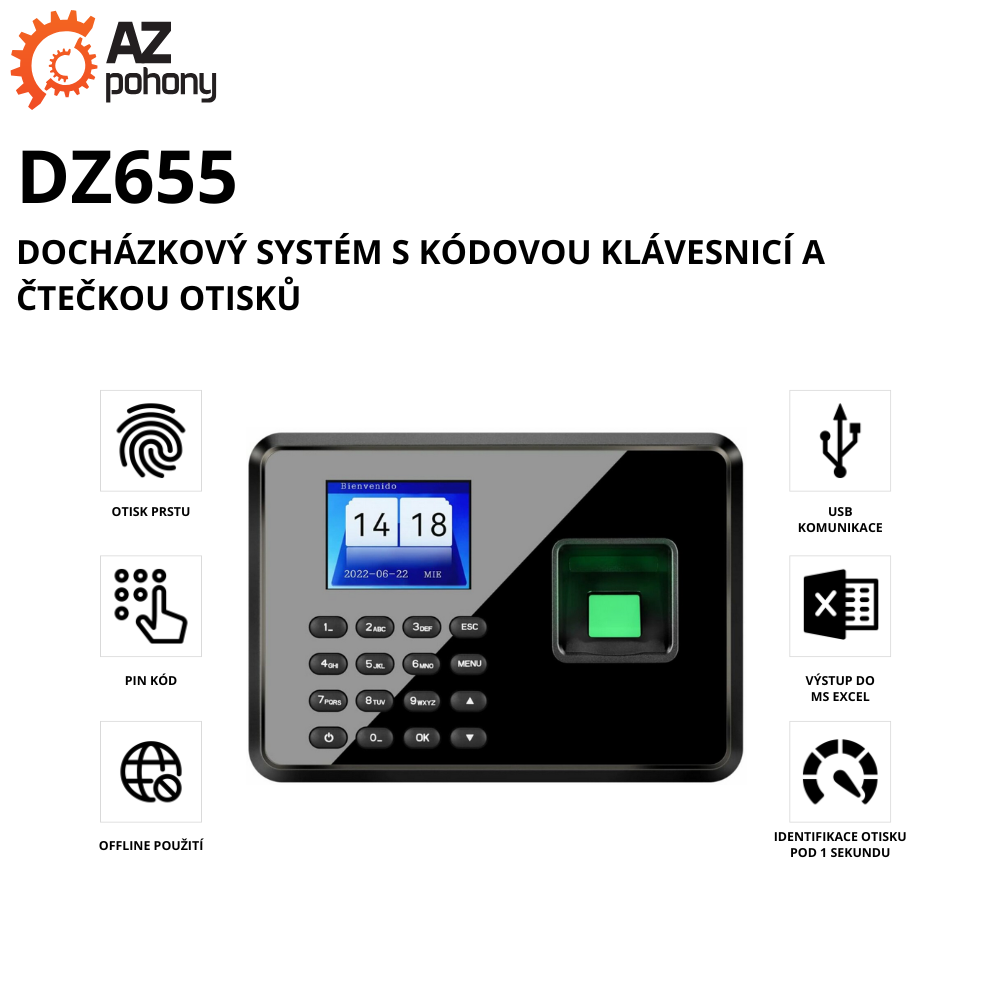 DZ655 - docházkový systém s kódovou klávesnicí a čtečkou otisků