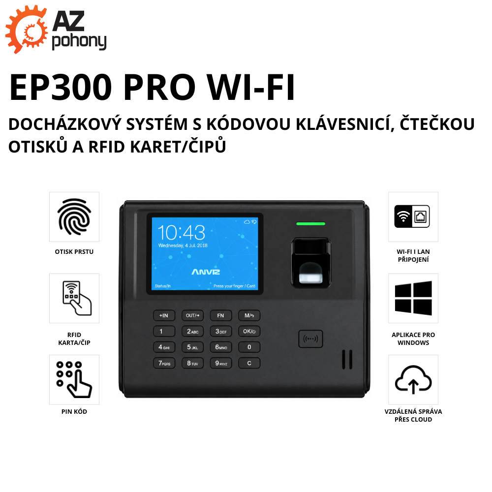 EP300 PRO WI-FI - docházkový systém s kódovou klávesnicí, čtečkou otisků a RFID karet/čipů