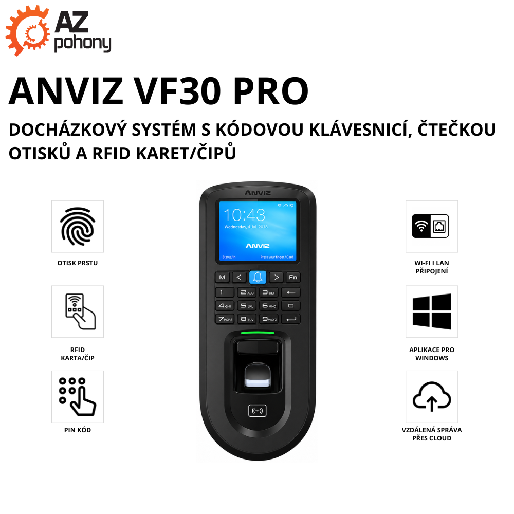 ANVIZ VF30 PRO - docházkový systém s kódovou klávesnicí, čtečkou otisků a RFID karet/čipů
