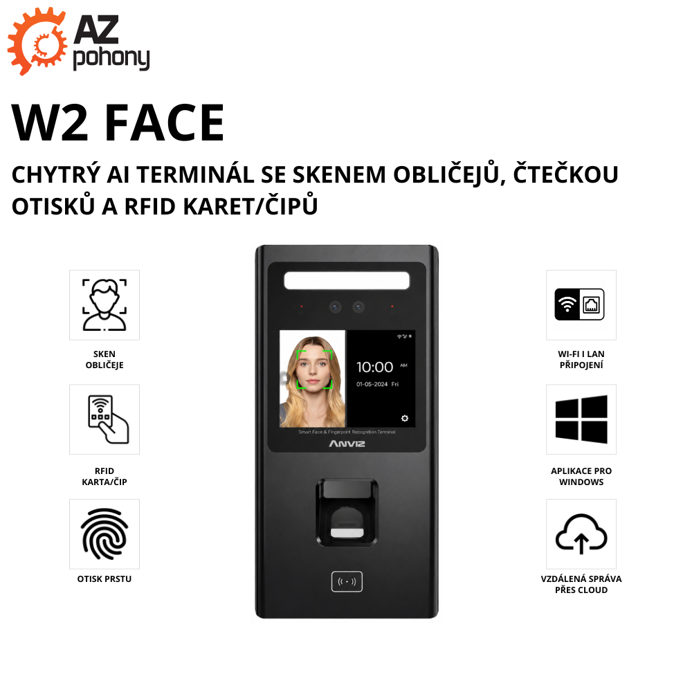 W2 FACE - chytrý AI terminál se skenem obličejů, čtečkou otisků a RFID karet/čipů