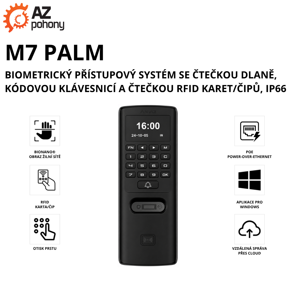 M7 PALM - biometrický přístupový systém se čtečkou dlaně, kódovou klávesnicí a čtečkou RFID karet/čipů, IP66