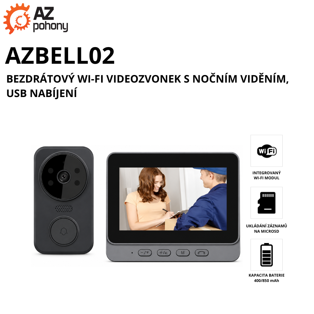 AZBELL02 - bezdrátový Wi-Fi videozvonek s nočním viděním, USB nabíjení