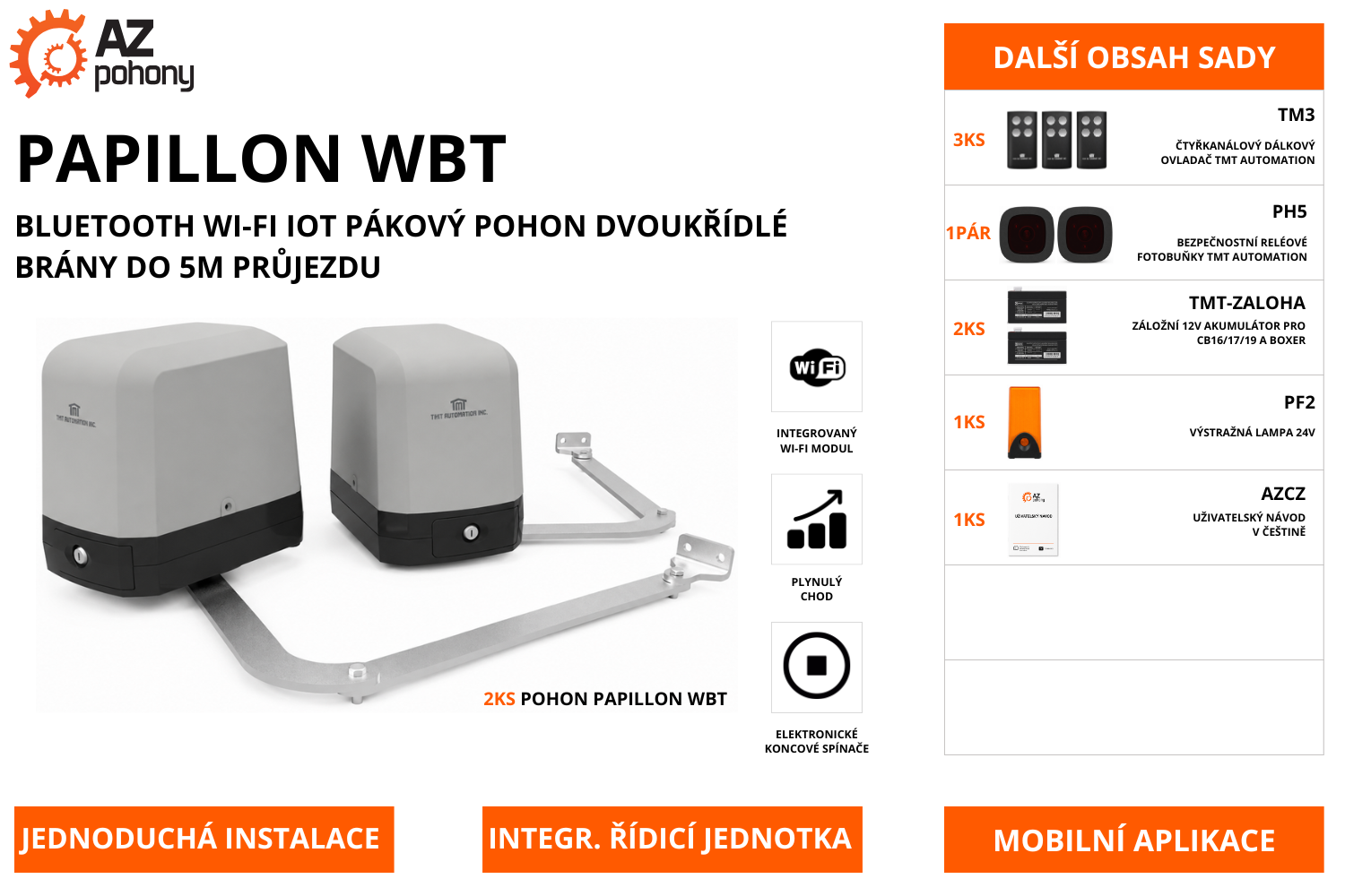 PAPILLON WBT - Bluetooth Wi-Fi IoT pákový pohon pro dvoukřídlou bránu do 5 m