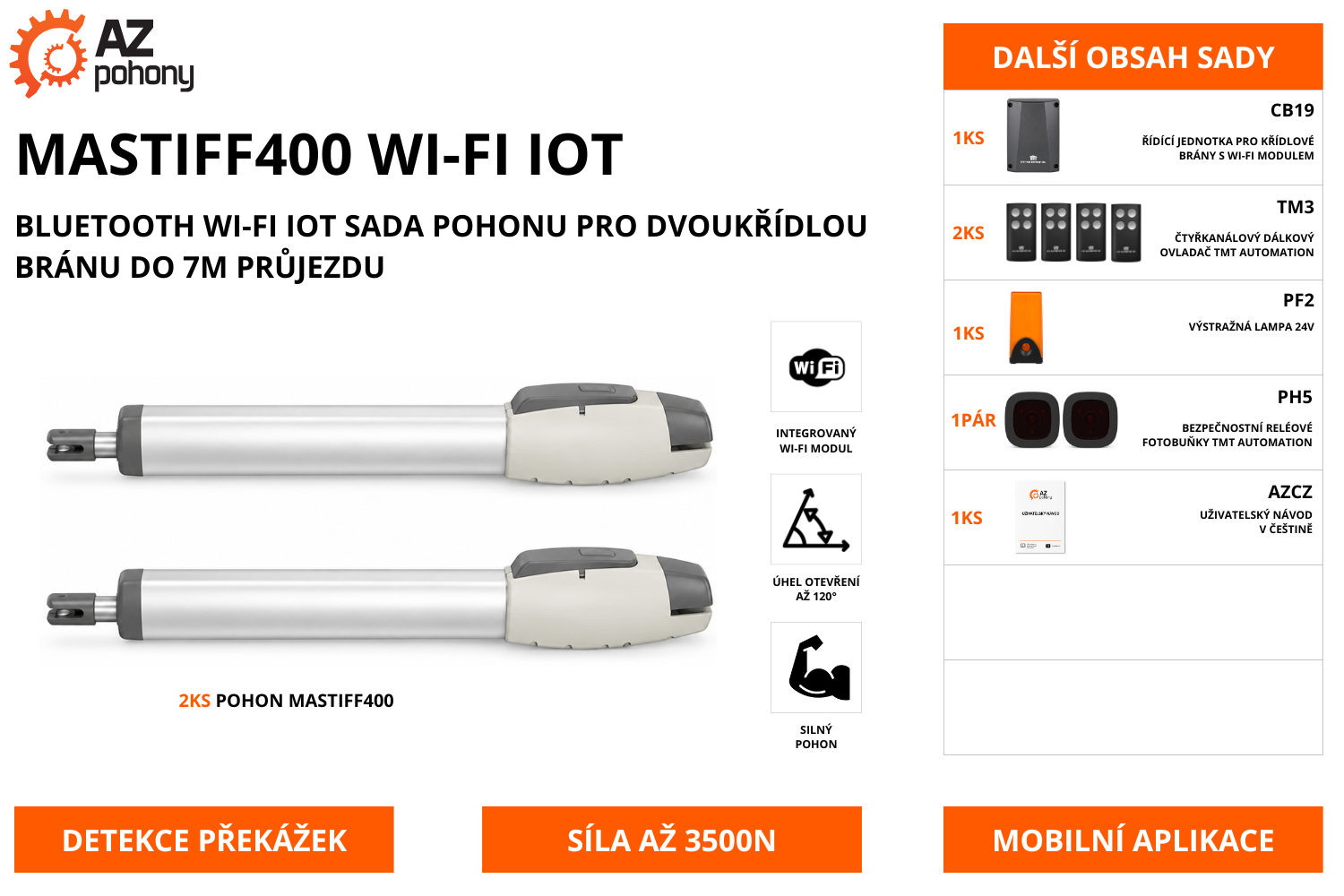 MASTIFF400 WI-FI IOT - Bluetooth Wi-Fi IoT sada pohonu pro dvoukřídlou bránu do 7m průjezdu