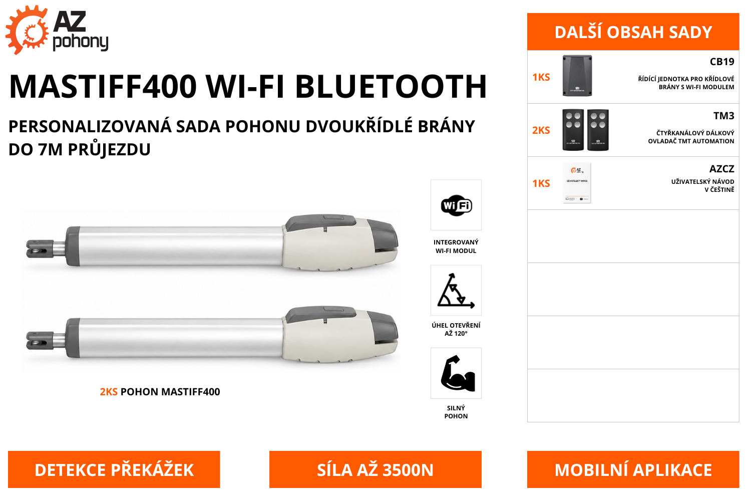 MASTIFF400 WI-FI BLUETOOTH - personalizovaná sada pohonu dvoukřídlé brány do 7m průjezdu