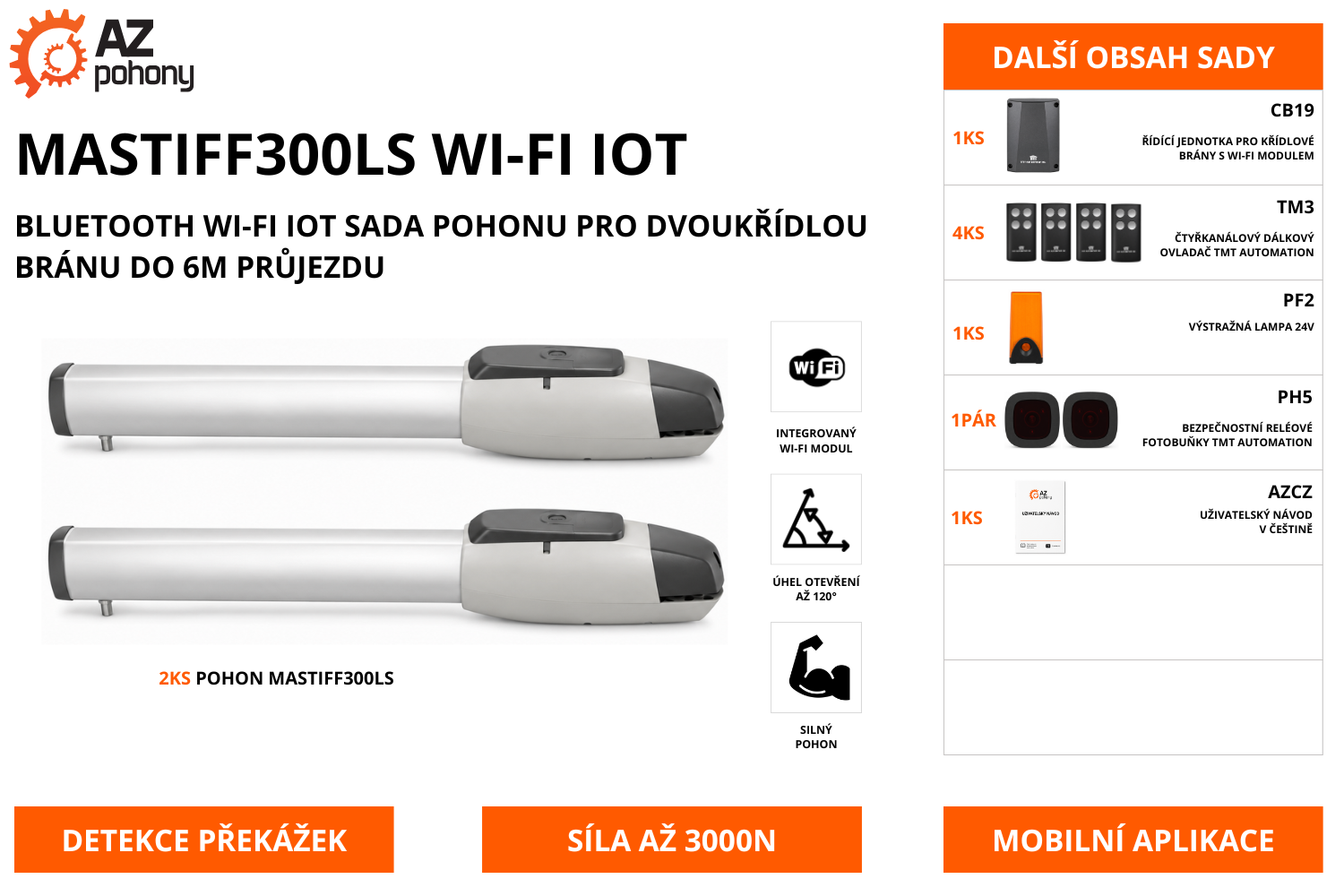 MASTIFF300LS WI-FI IOT - Bluetooth Wi-Fi IoT sada pohonu pro dvoukřídlou bránu do 6m průjezdu