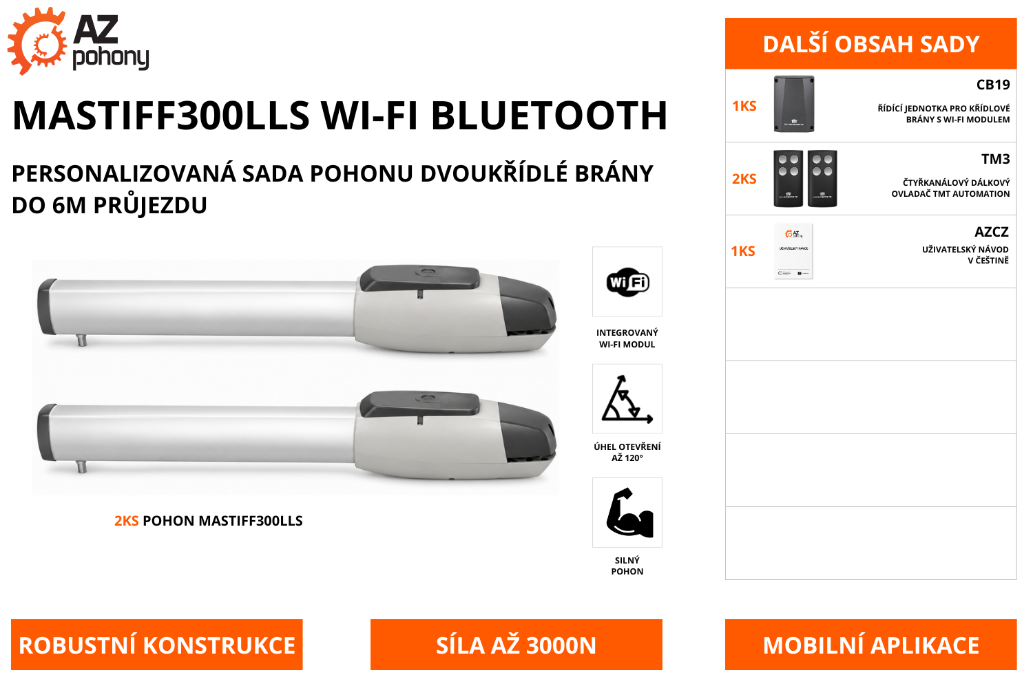 MASTIFF300LLS WI-FI BLUETOOTH - personalizovaná sada pohonu dvoukřídlé brány do 6m průjezdu