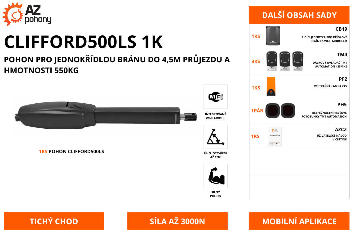 CLIFFORD500LS 1K - pohon pro jednokřídlou bránu do 4,5m průjezdu a hmotnosti 550kg