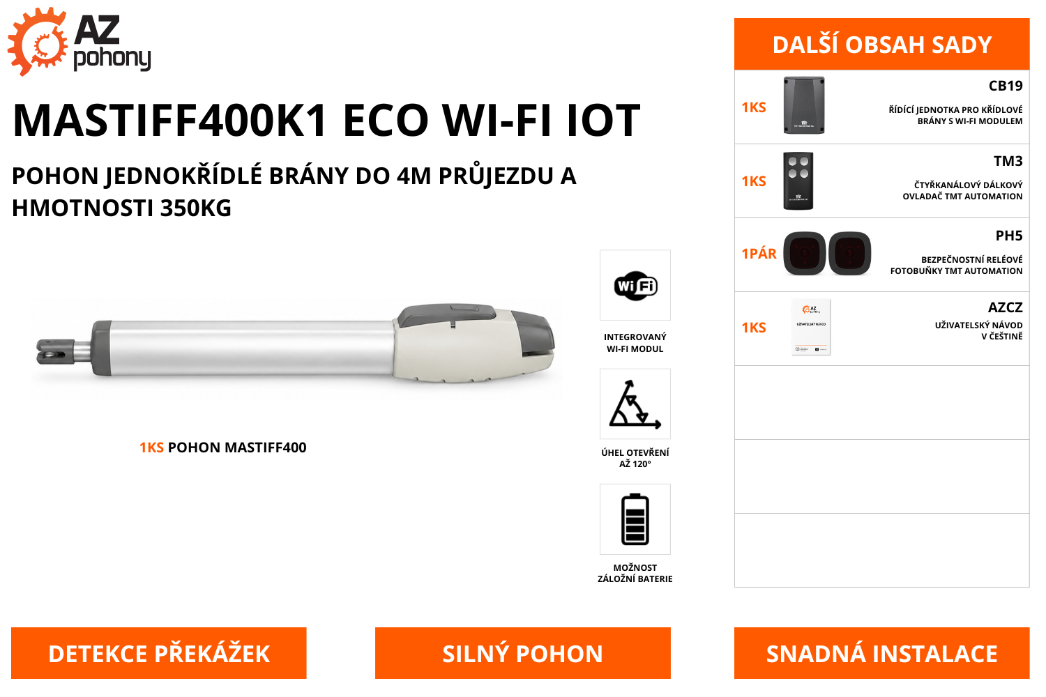 MASTIFF400K1 ECO WI-FI IOT - pohon jednokřídlé brány do 4m průjezdu a hmotnosti 350kg