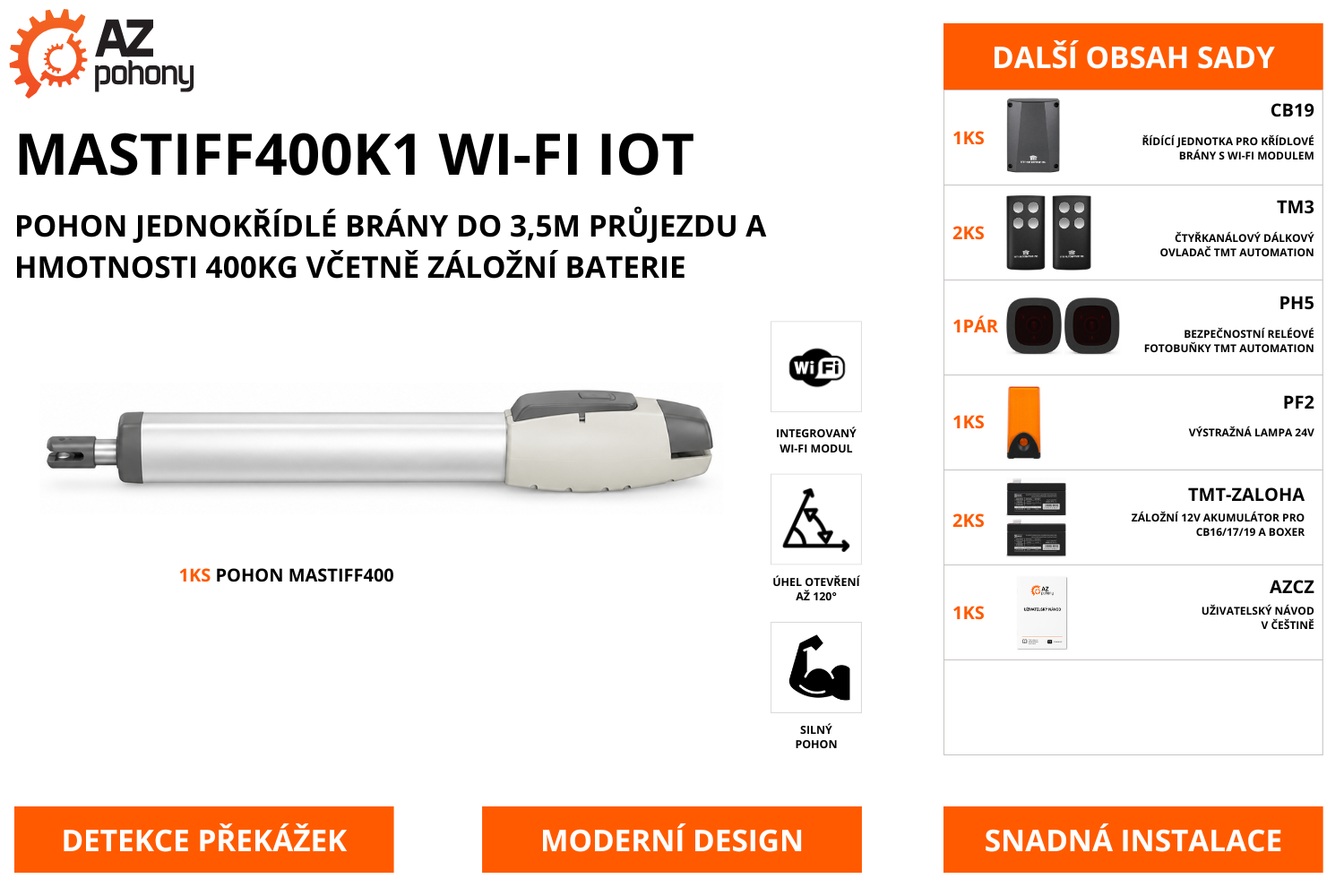 MASTIFF400K1 WI-FI IOT - pohon jednokřídlé brány do 3,5m průjezdu a hmotnosti 400kg včetně záložní baterie