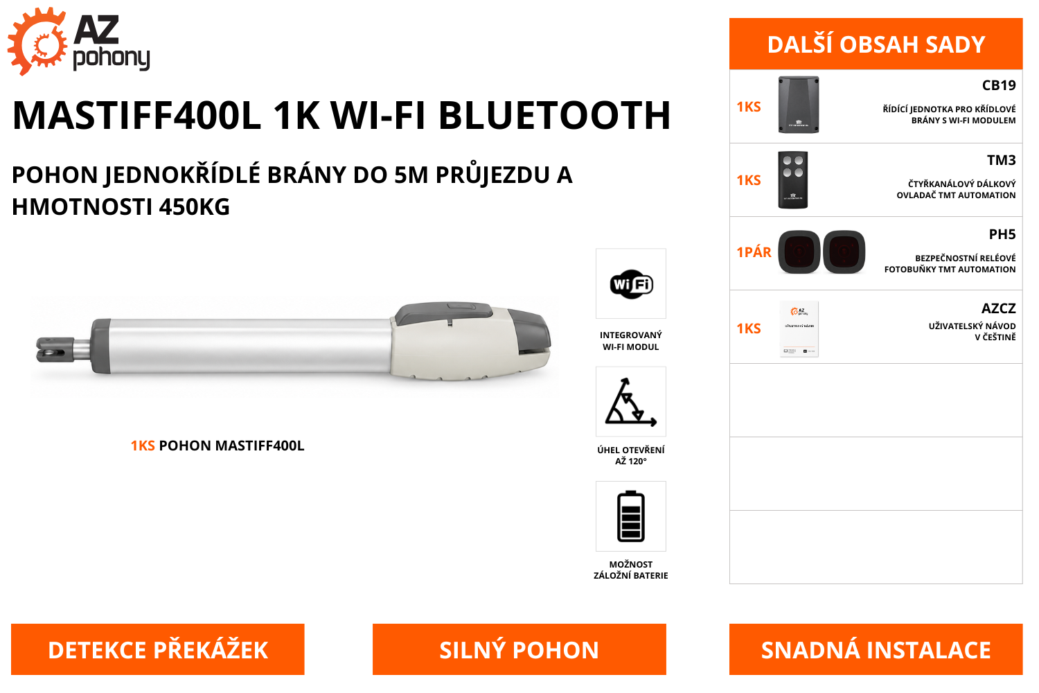 MASTIFF400L 1K WI-FI BLUETOOTH - pohon jednokřídlé brány do 5m průjezdu a hmotnosti 450kg