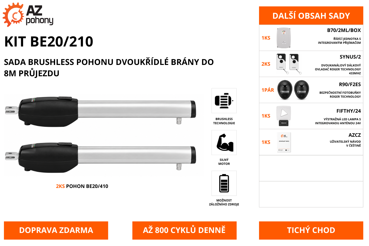 KIT BE20/210 - sada brushless pohonu dvoukřídlé brány do 5,6m průjezdu