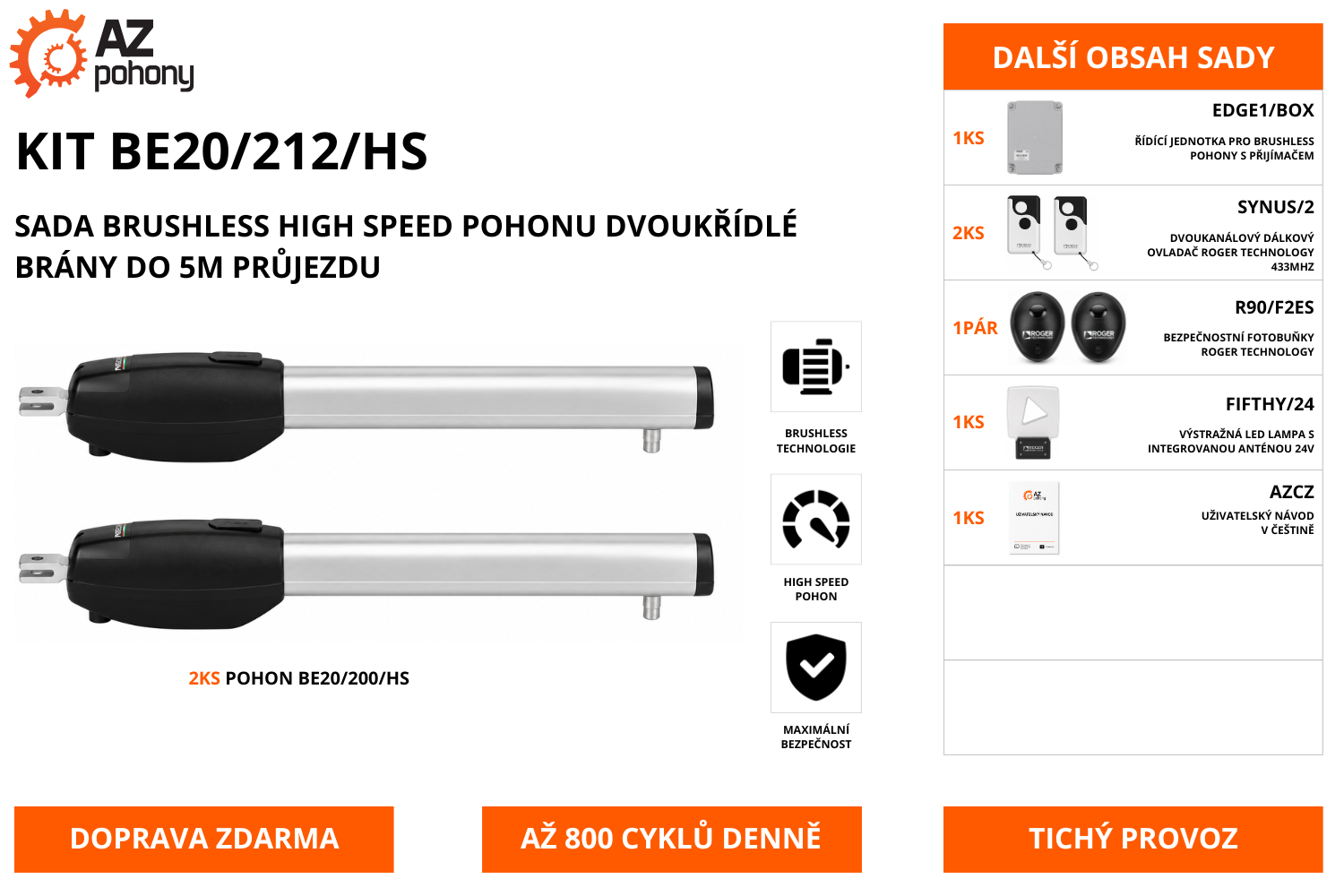KIT BE20/212/HS - sada brushless high speed pohonu dvoukřídlé brány do 5m průjezdu