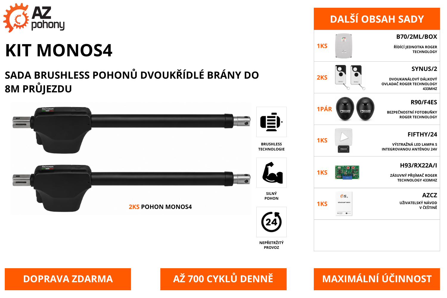 KIT MONOS4 - sada brushless pohonů dvoukřídlé brány do 8m průjezdu
