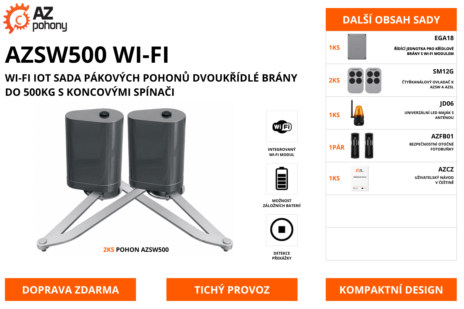 AZSW500 WI-FI - Wi-Fi IOT sada pákových pohonů dvoukřídlé brány do 500kg s koncovými spínači