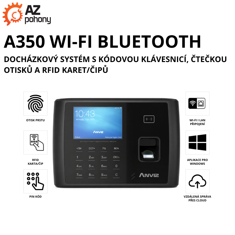 A350 WI-FI BLUETOOTH - docházkový systém s kódovou klávesnicí, čtečkou otisků a RFID karet/čipů
