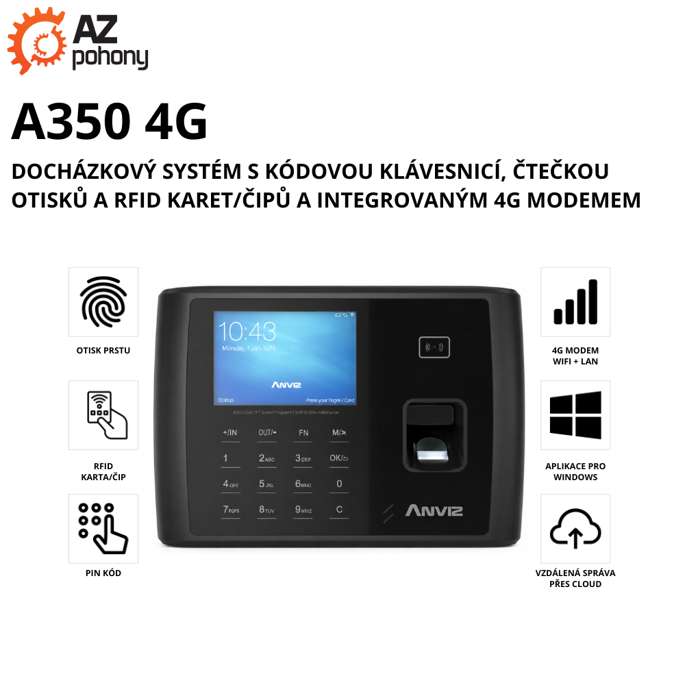 docházkový systém s kódovou klávesnicí, čtečkou otisků a RFID karet/čipů a integrovaným 4G modemem
