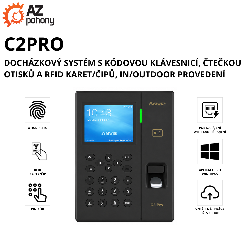 C2PRO - docházkový systém s kódovou klávesnicí, čtečkou otisků a RFID karet/čipů, in/outdoor provedení
