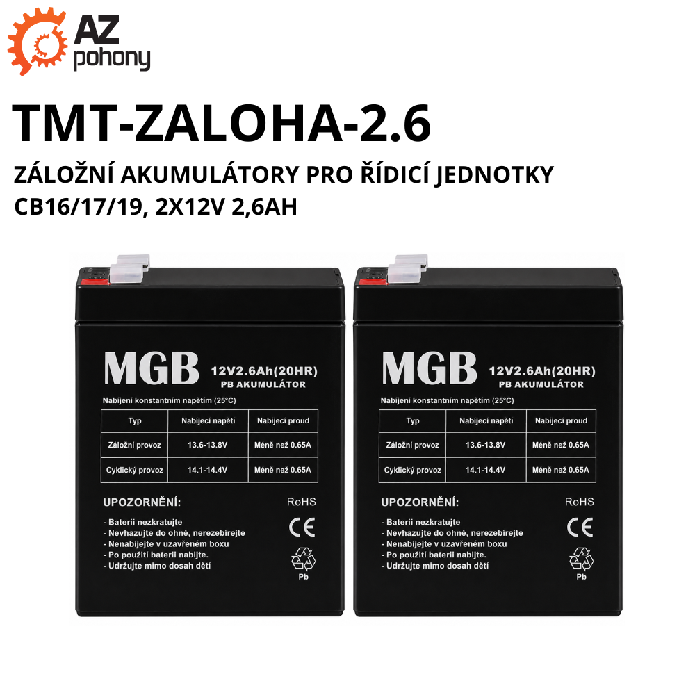 TMT-ZALOHA-2.6 - záložní akumulátory pro řídicí jednotky CB16/17/19, 2x12v 2,6Ah