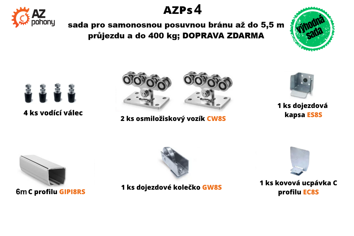 AZPs4 - sada pro samonosnou posuvnou bránu až do 5,5 m průjezdu a&nbsp;do 400 kg; DOPRAVA ZDARMA