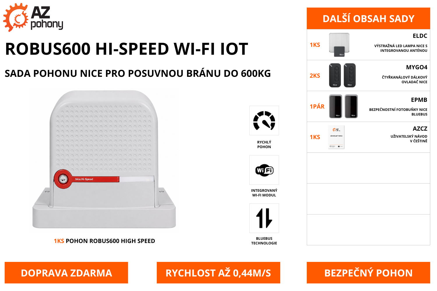 ROBUS600 HI-SPEED WI-FI IOT - sada pohonu Nice pro posuvnou bránu do 600kg