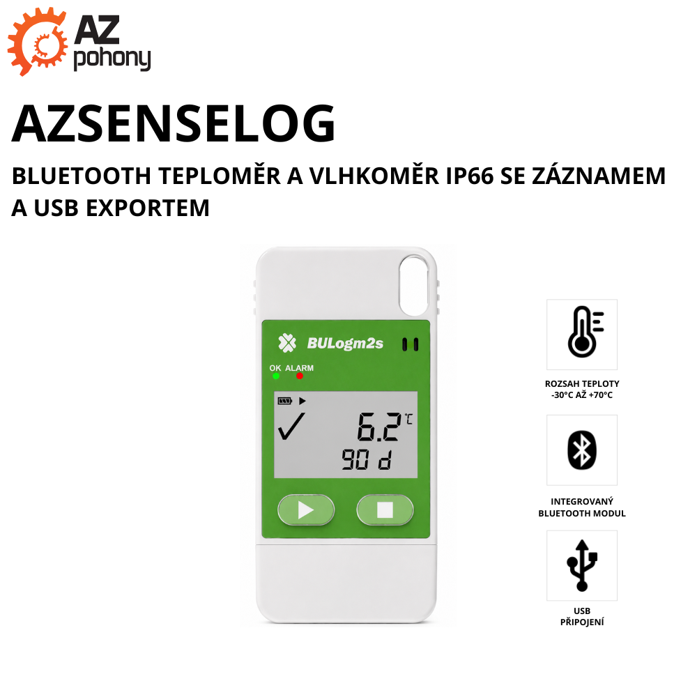 AZSENSELOG - Bluetooth teploměr a vlhkoměr IP66 se záznamem a USB exportem