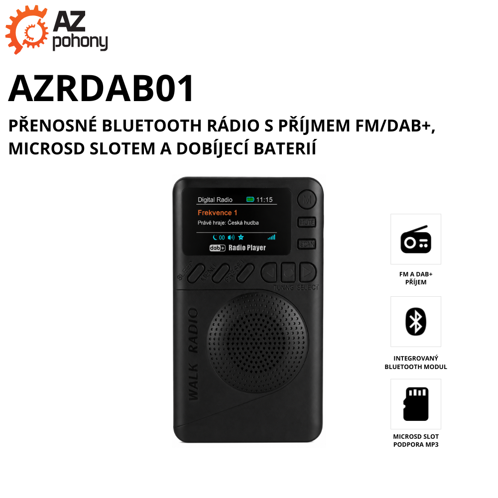 AZRDAB01 - přenosné Bluetooth rádio s příjmem FM/DAB+, microSD slotem a dobíjecí baterií
