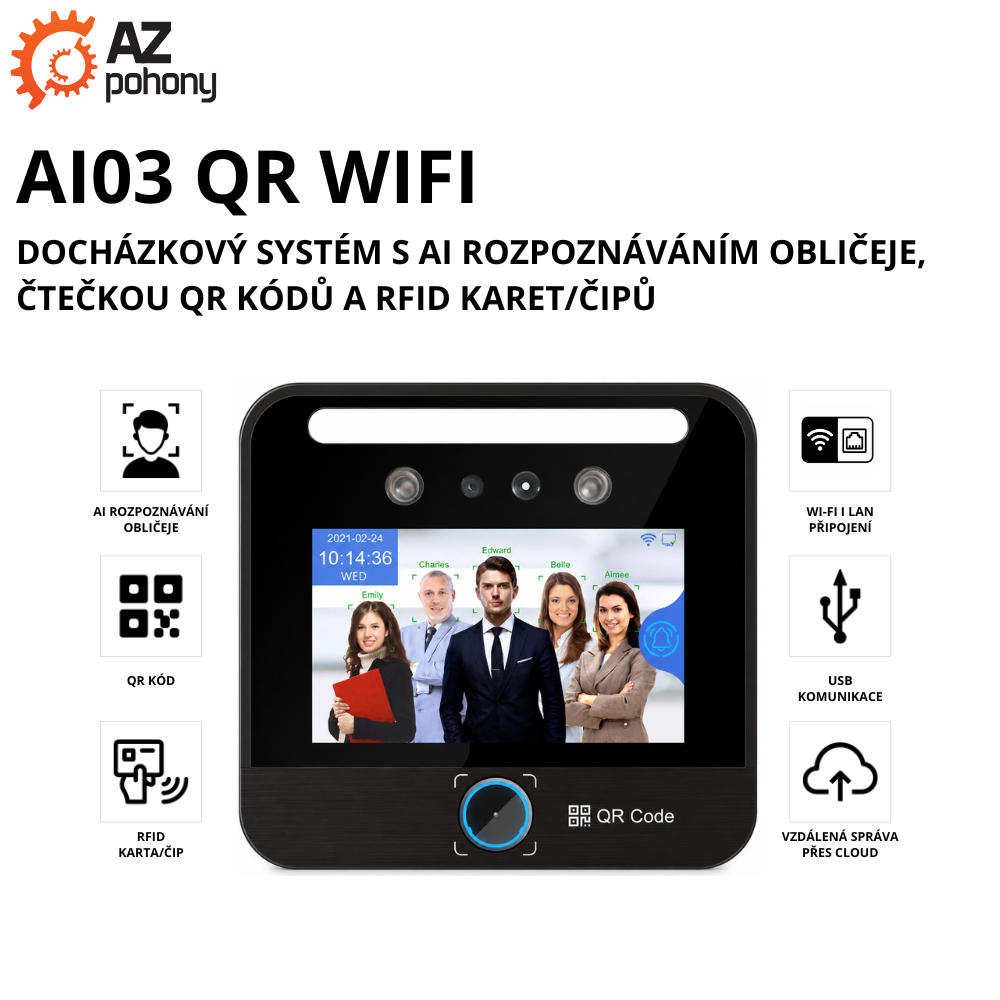 AI03 QR WIFI - docházkový systém s AI rozpoznáváním obličeje, čtečkou QR kódů a RFID karet/čipů