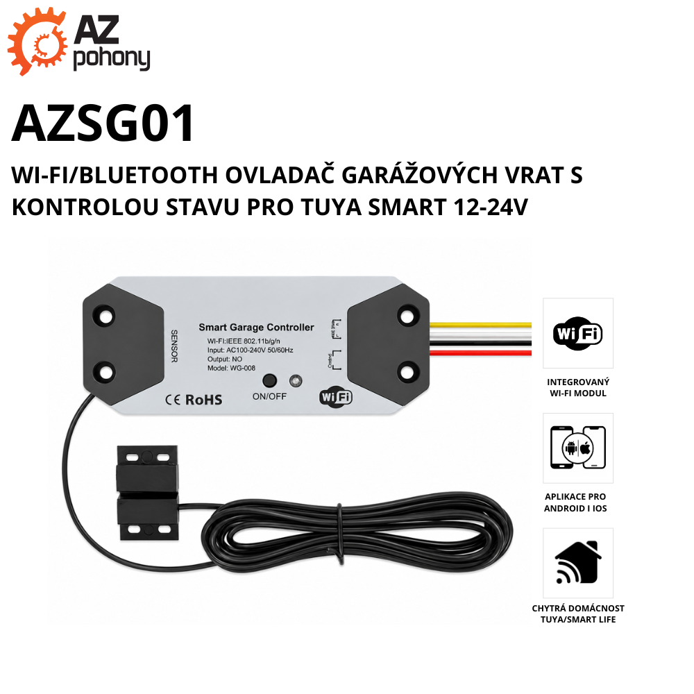 AZSG01 - Wi-Fi/Bluetooth ovladač garážových vrat s kontrolou stavu pro Tuya Smart 12-24V